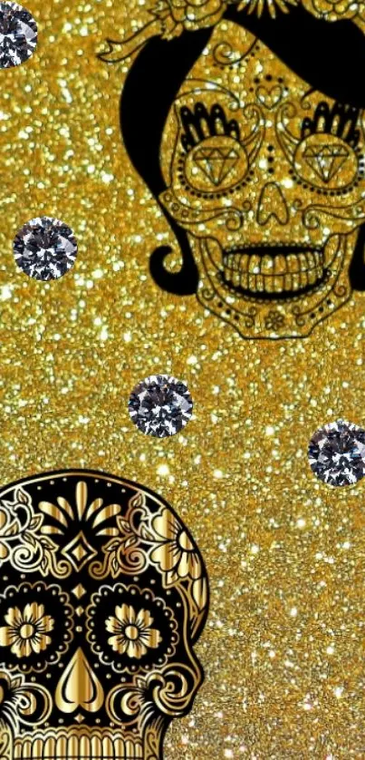 Golden glitter skull wallpaper with diamond accents.