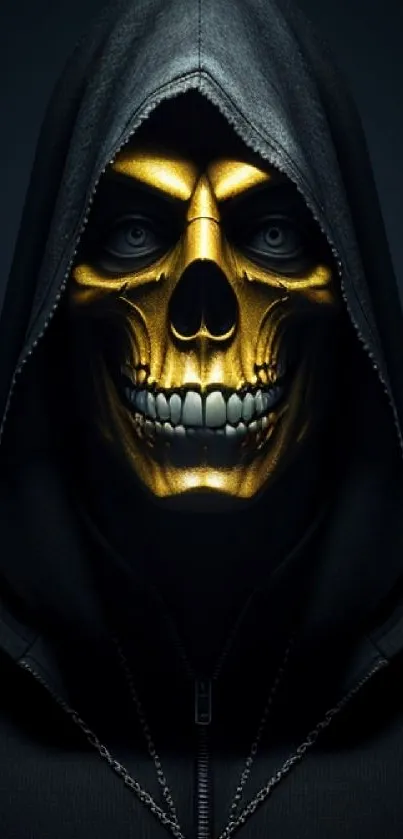 Mobile wallpaper featuring a golden skull in a dark hood, with bold contrast.