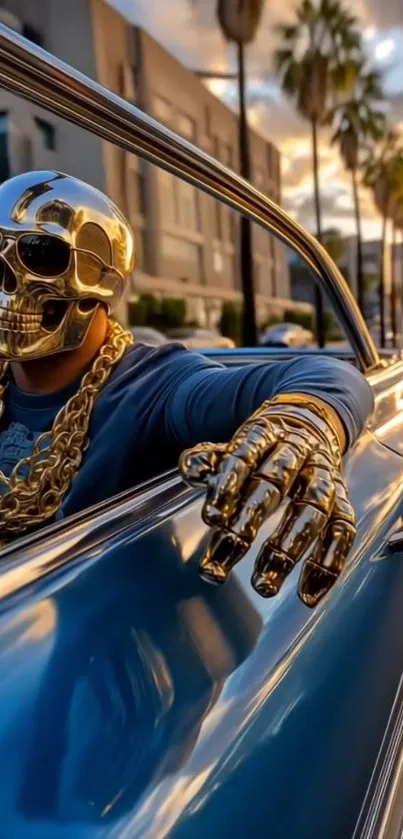 Golden skull with chains in vintage car during sunset.