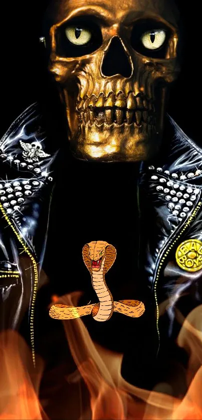 Golden skull in leather jacket with flames mobile wallpaper.