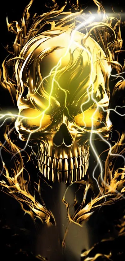 Golden skull with lightning effects on a dark mobile wallpaper.