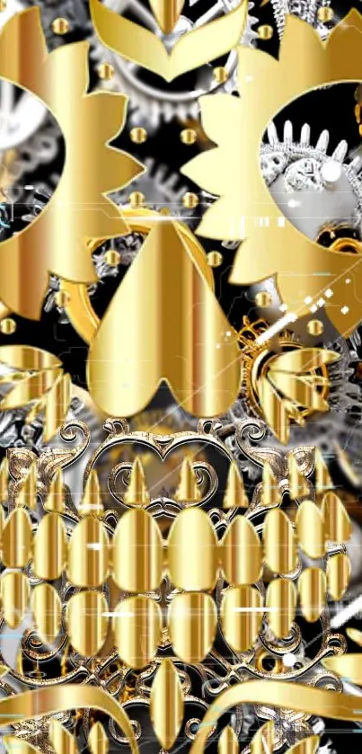 Golden skull with mechanical gear design wallpaper.