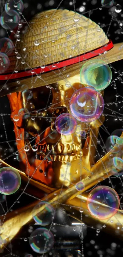 Golden skull with straw hat on black background