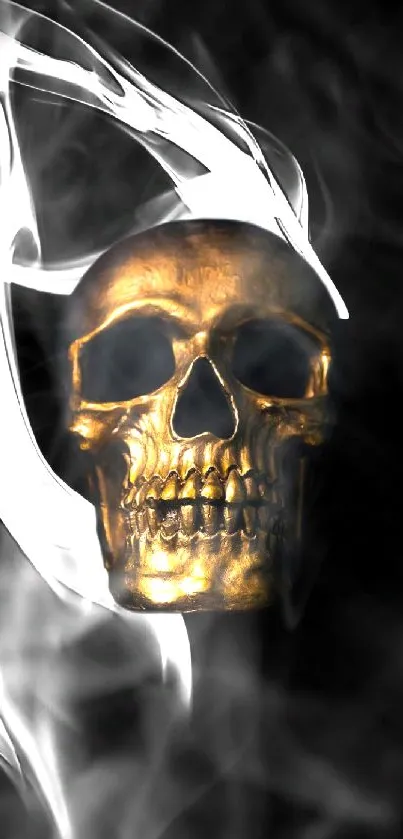 Golden skull with smoke on a dark background, artistic and edgy design.