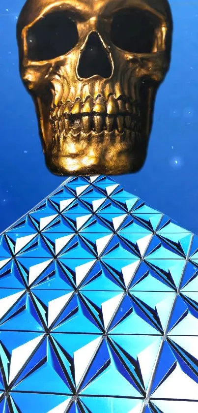 Golden skull over a blue geometric pyramid design phone wallpaper.