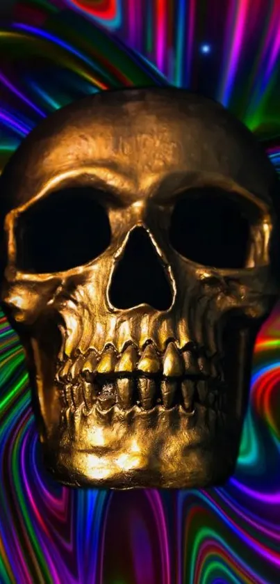 Gold skull on a vibrant psychedelic background.