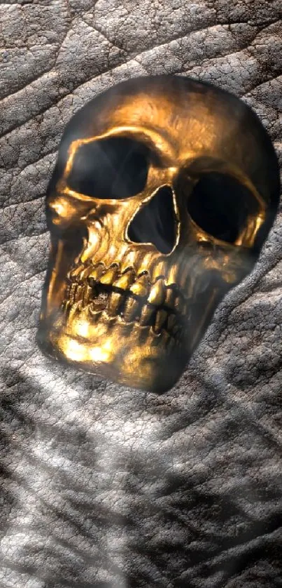 Golden skull on dark textured leather background for phone wallpaper.