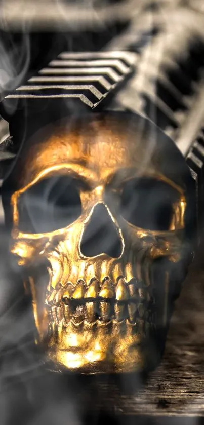 Striking golden skull with metallic and smokey elements on a dark background.