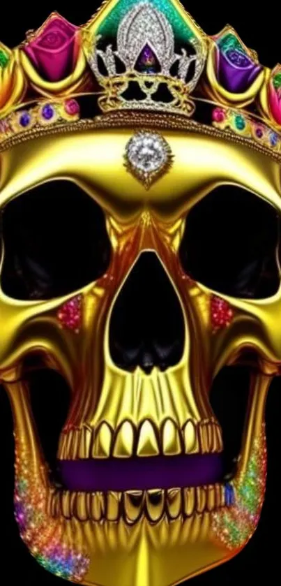 Golden skull with a colorful jeweled crown on black background.