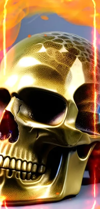 Golden skull with vibrant flames mobile wallpaper.