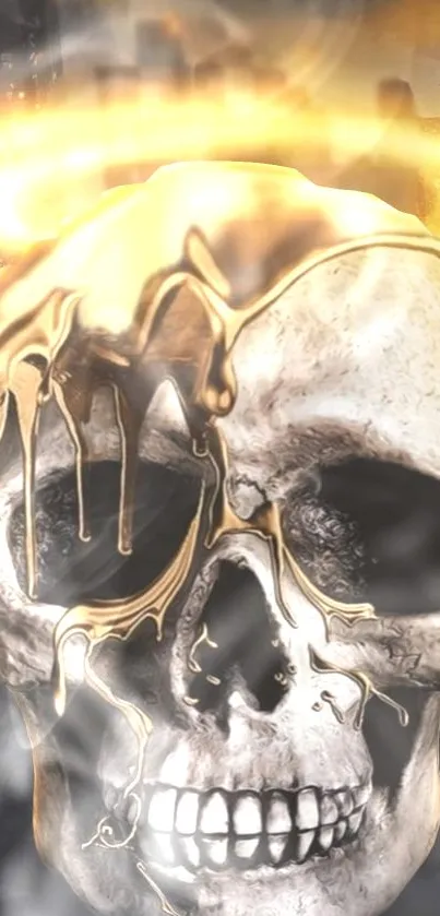 Graphic of a golden skull with a halo on a dark backdrop.