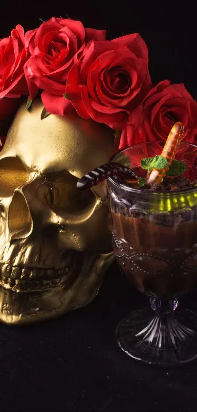 Elegant wallpaper featuring a golden skull with red roses and a chocolate dessert.