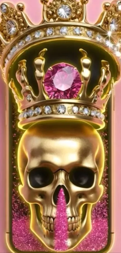 Golden skull with a jewel-adorned crown on pink background.