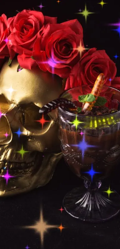 Golden skull with red roses and sparkly background on mobile wallpaper.