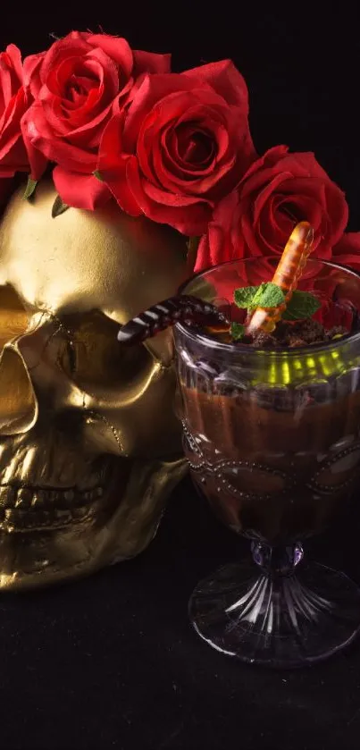 Golden skull with red roses beside chocolate dessert on black background.