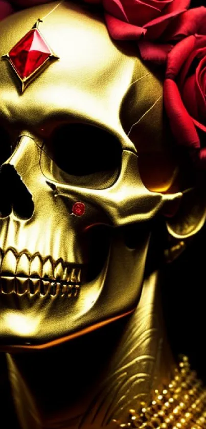 Golden skull adorned with red roses and a brilliant gem centerpiece.