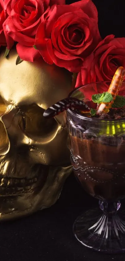 Golden skull with red roses beside a spooky glass in dark background.