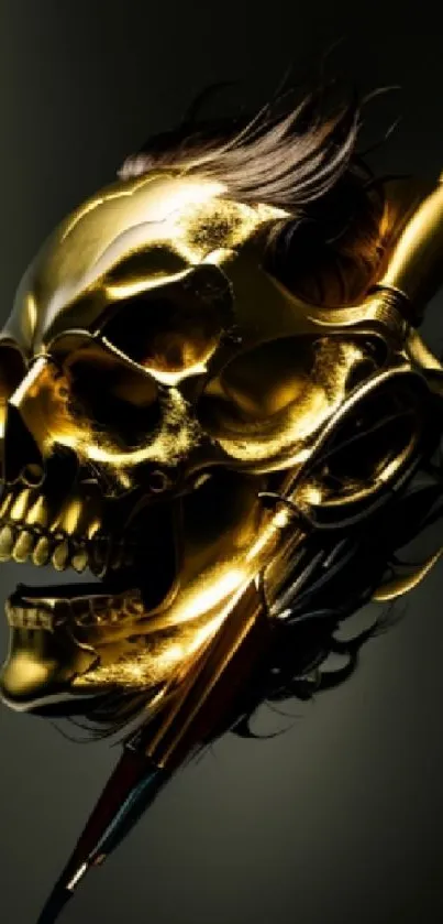 Golden skull paired with a sword, set against a dark background.