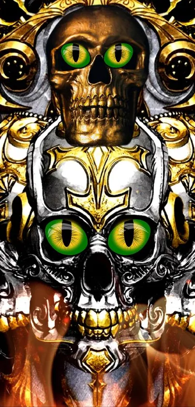 Intricate golden skulls with green eyes and fiery accents mobile wallpaper.