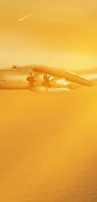 Airplane in a serene golden sky with sunset backdrop.