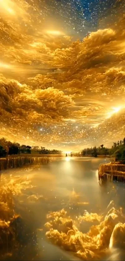 Golden sky and serene lake in a fantasy wallpaper.