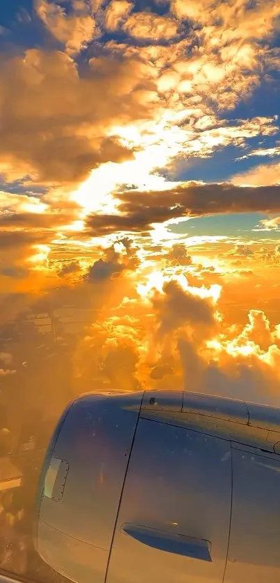 Airplane window view with a golden sunset sky.