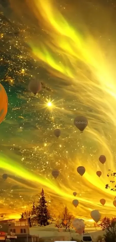 Golden sky with hot air balloons floating at sunset.