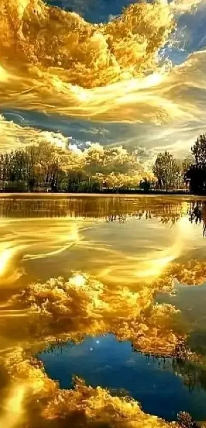 Golden clouds reflecting on a tranquil lake under a vivid sky.