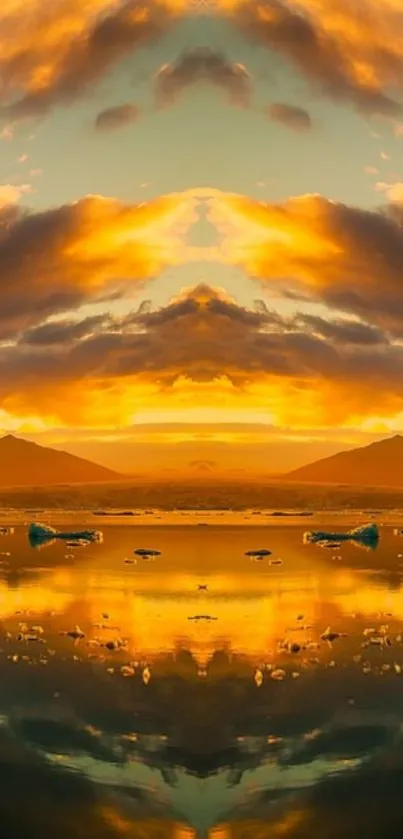 Symmetrical golden sky with reflections on a serene lake.