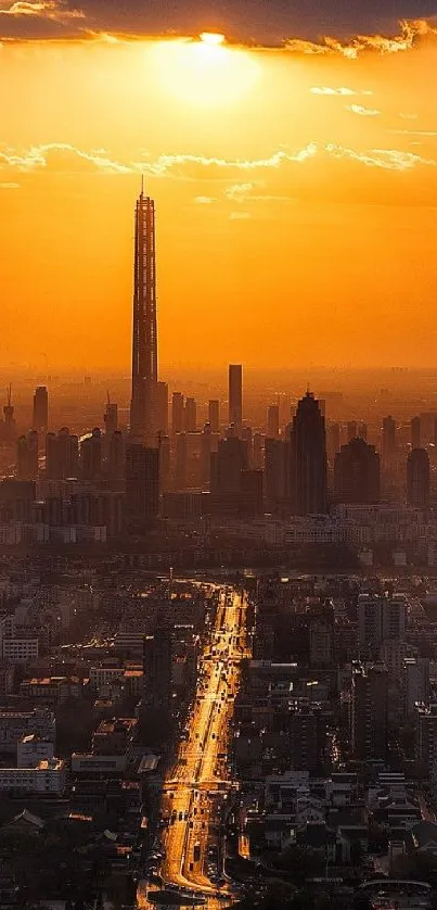 Stunning city skyline at sunset with vibrant orange hues.