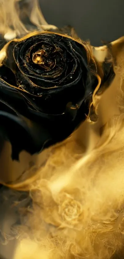 Elegant black rose with golden smoke effect wallpaper.