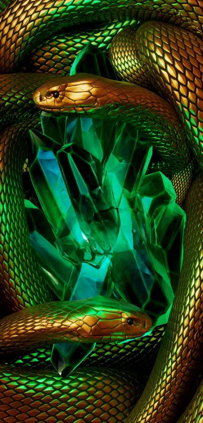 Golden snakes entwined around emerald crystals.