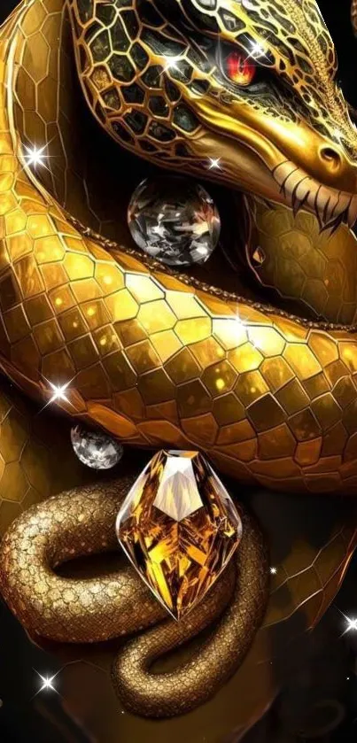 Elegant golden snake with gems on a black background.