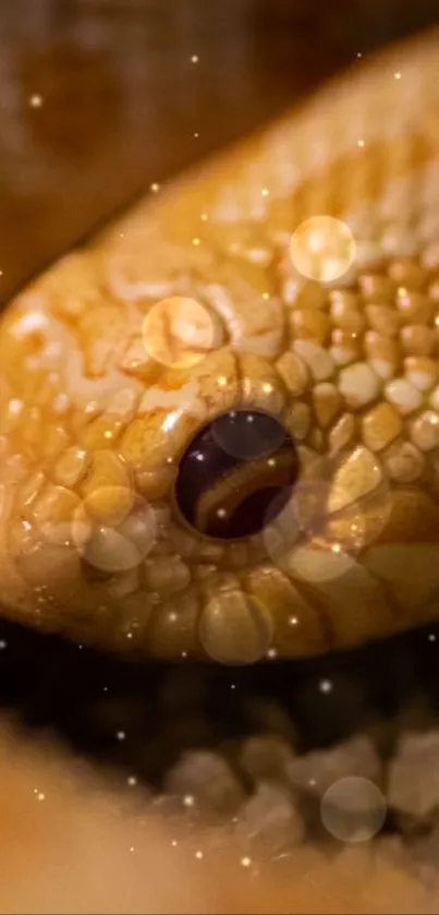 Close-up of a golden snake with sparkling effects.