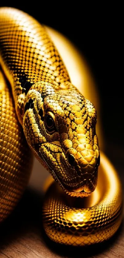 Golden snake elegantly coiled on a textured surface, capturing a luxurious feel.