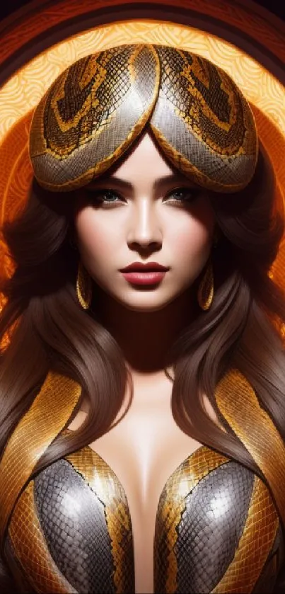 A captivating golden snake goddess portrait for mobile wallpaper.