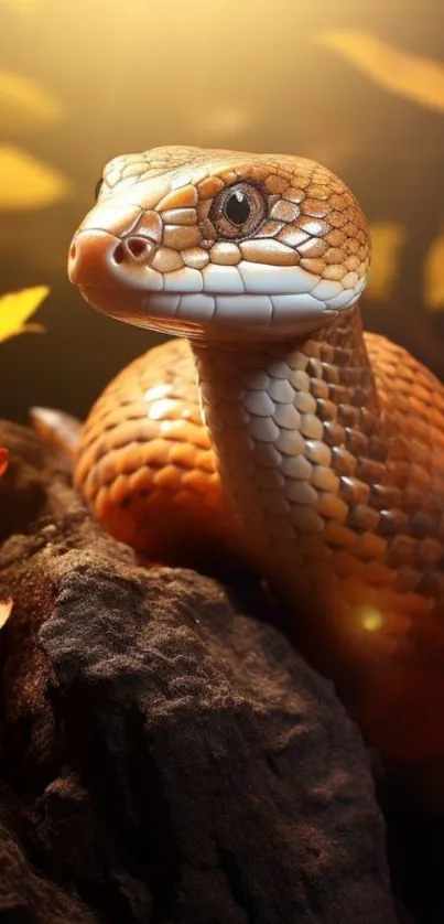 Golden brown snake in forest with autumn light.