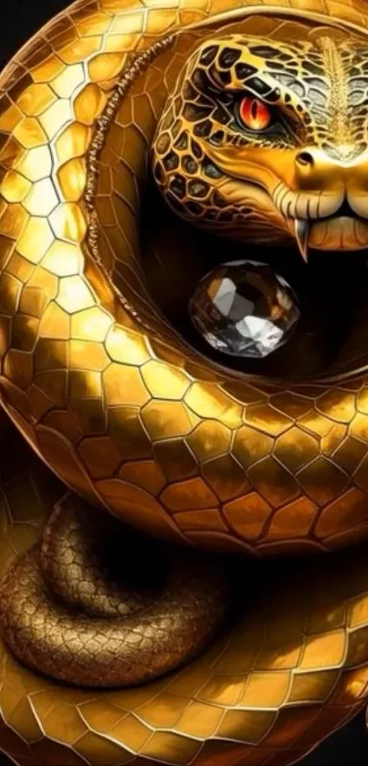Golden snake coiled around jewels with rich detail and vibrant colors.