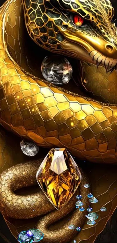 Golden snake entwined with jewels on a black background.
