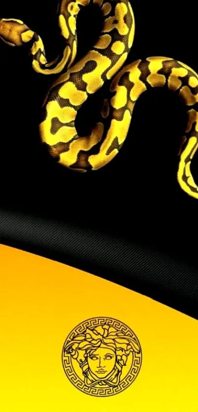 Luxurious golden snake on a stylish wallpaper background.