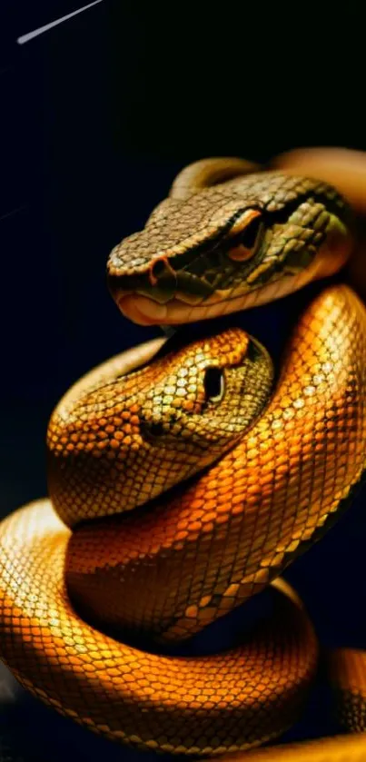 Golden snake coiled elegantly on dark background.