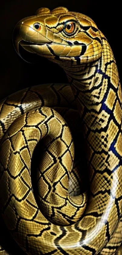 Golden snake coiled elegantly with rich patterns on a dark background.