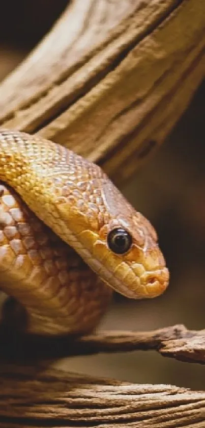 Golden snake coiled on a branch with close-up details.