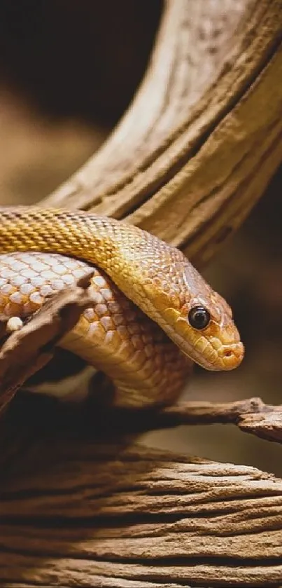 A golden-brown snake rests on a twisted tree branch.