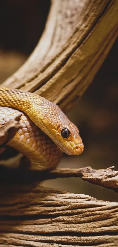 Golden snake resting on rustic driftwood in a natural setting.