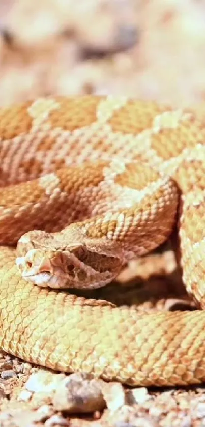 Golden snake coiled on rocky terrain in desert setting.