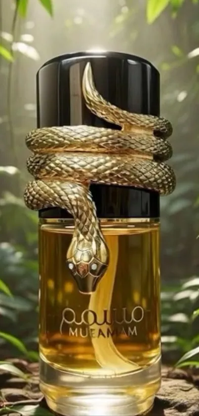 Perfume bottle wrapped with a gold snake in a jungle setting.