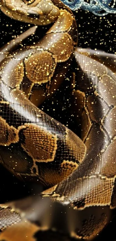 Golden snake with glitter on a black background, perfect for mobile wallpaper.
