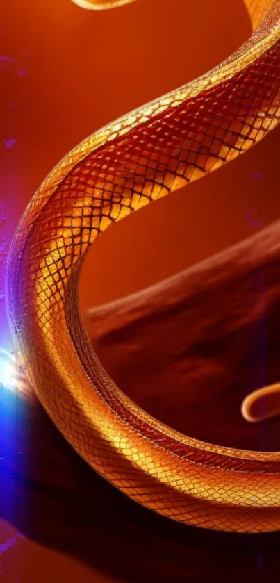 Golden snake with vivid colors on orange background.