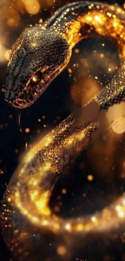 Golden shimmering snake against black background, mystical and detailed.